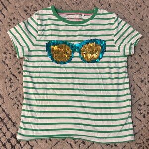 Green Striped Kids Shirt with Sequin Sunglasses sz 5-6Y
